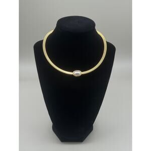 Vintage Christian Dior Faux Pearl Cabochon Omega Collar Gold Tone Necklace